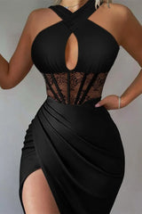 Ruched High Slit Contrast Lace Corset Dress