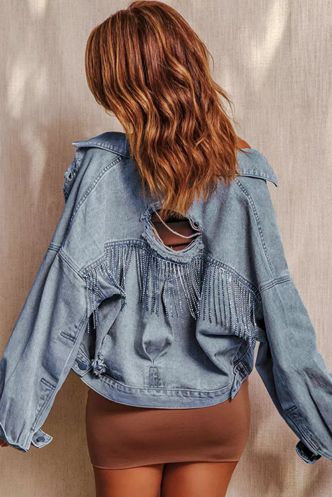 Sky Blue Rhinestone Fringe Denim Jacket