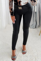 Chain Decor PU Leather High Waist Skinny Pants