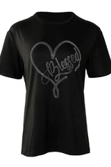 Short Sleeve Rhinestone Heart Letter Pattern T-shirt