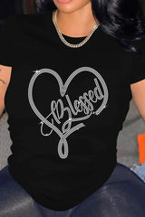 Short Sleeve Rhinestone Heart Letter Pattern T-shirt