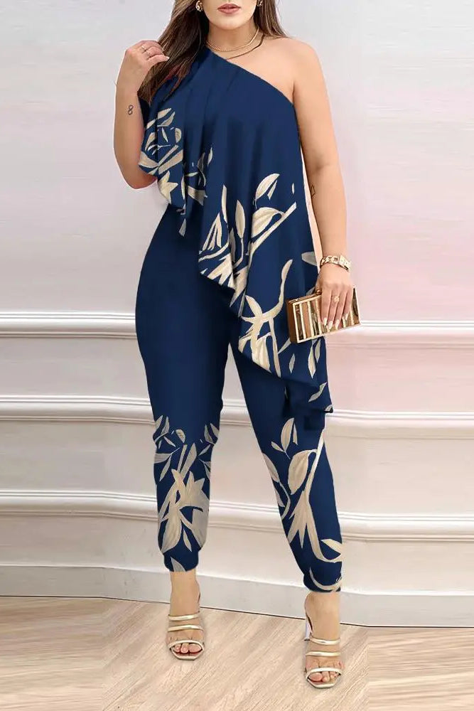 Plants Print One Shoulder Asymmetrical Ruffles Jumpsuit