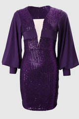 Sheer Mesh Plunge Sequin Dress