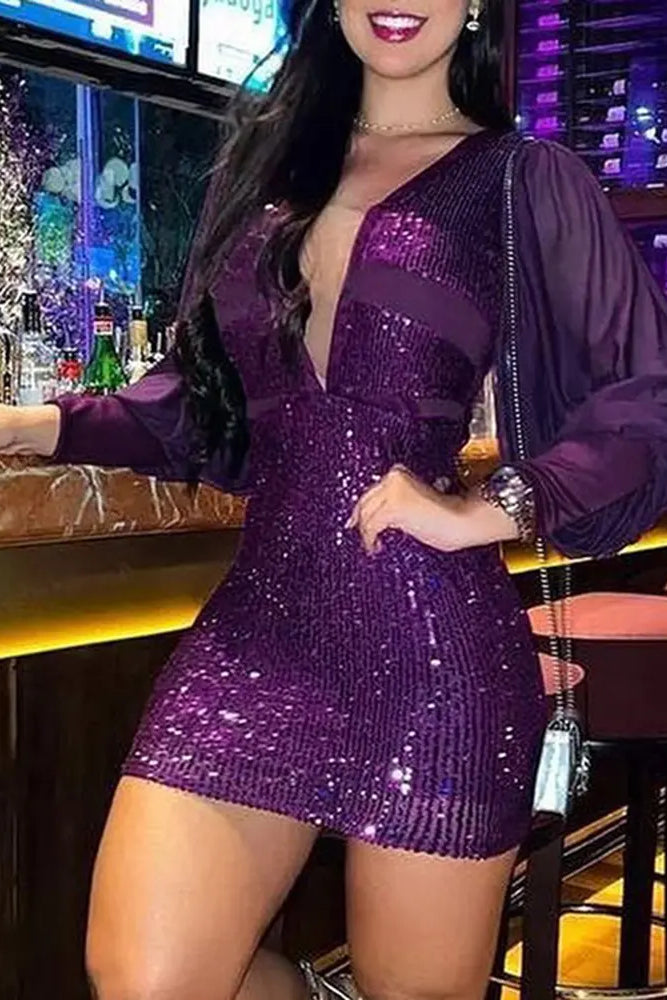 Sheer Mesh Plunge Sequin Dress