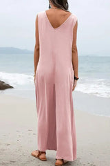 Sleeveless Pocket Design Wide Leg Suspender Jumpsuit