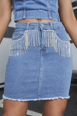 Tassel Decor Raw Hem Denim Skirt