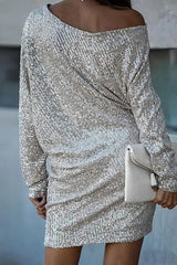 Slash Neck Batwing Sleeve Allover Sequins Dress