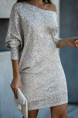 Slash Neck Batwing Sleeve Allover Sequins Dress