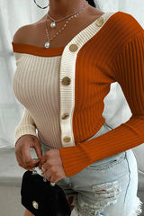 Colorblock Buttoned Knit Long Sleeve Sweater