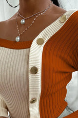 Colorblock Buttoned Knit Long Sleeve Sweater