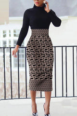 Geometric Print Long Sleeve Work Dress