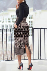 Geometric Print Long Sleeve Work Dress