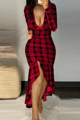 Plaid Print Long Sleeve Deep V-Neck Mermaid Dress