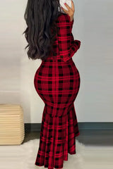 Plaid Print Long Sleeve Deep V-Neck Mermaid Dress