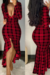 Plaid Print Long Sleeve Deep V-Neck Mermaid Dress