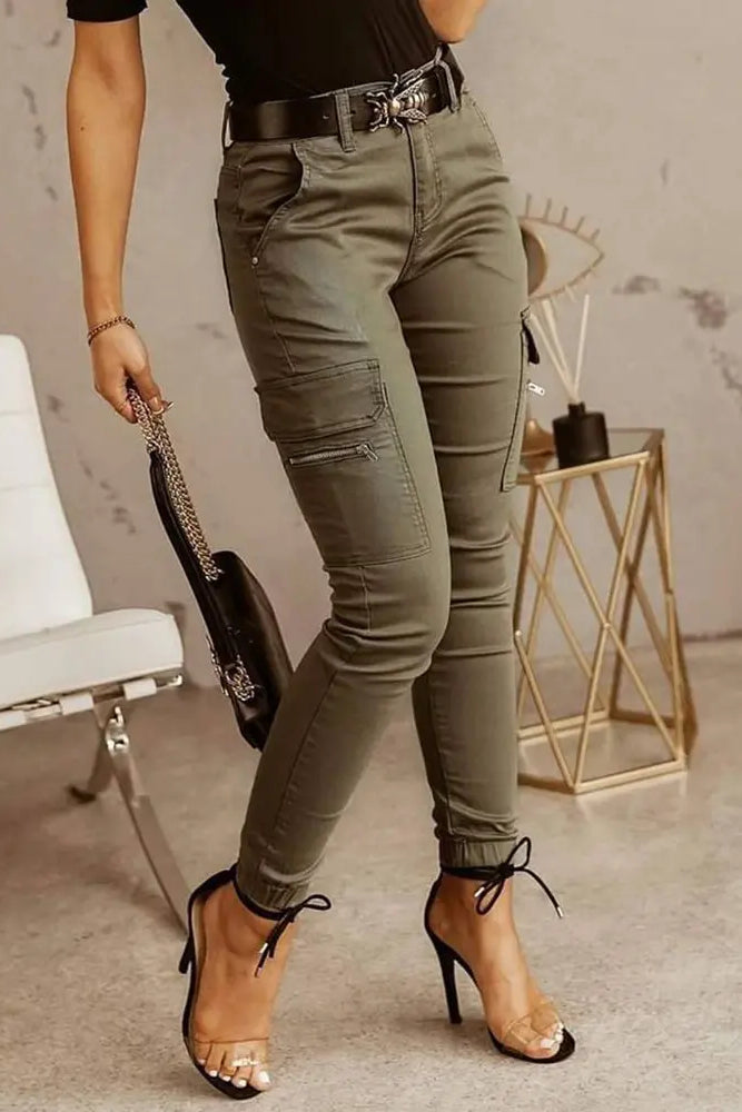 Zipper Pocket Design Casual Pants Without Belt