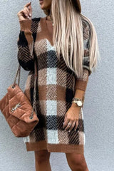 Plaid Pattern Long Sleeve Sweater Dress