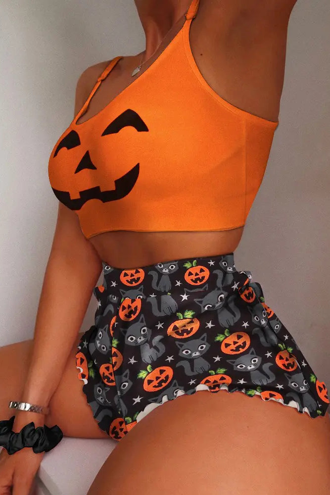 Halloween Pumpkin Cat Print Cami Set