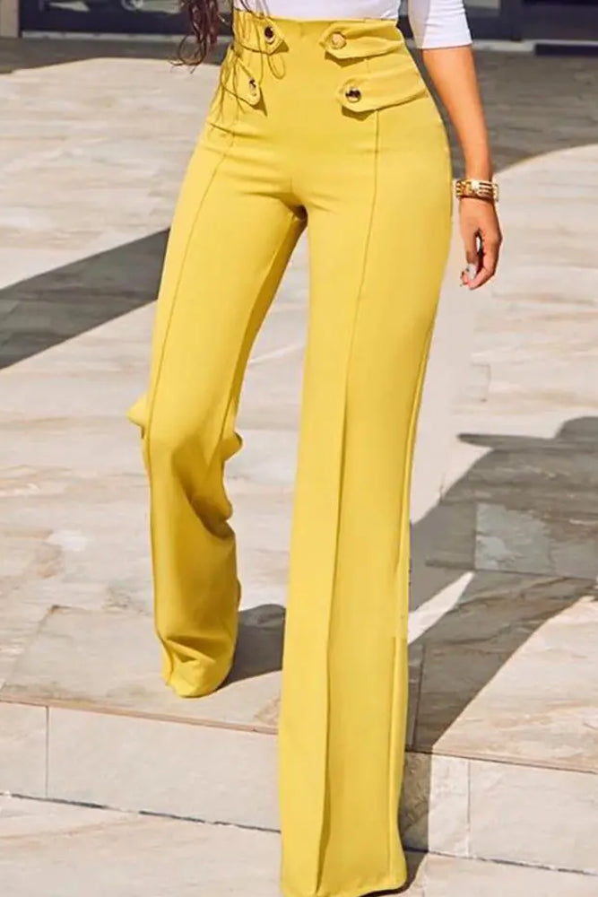 Buttoned High Waist Wide Leg Tailored Pants