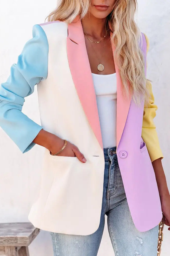 Colorblock Long Sleeve Pocket Design Blazer Coat