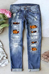 Halloween Pumpkin Print Ripped Straight Leg Jeans