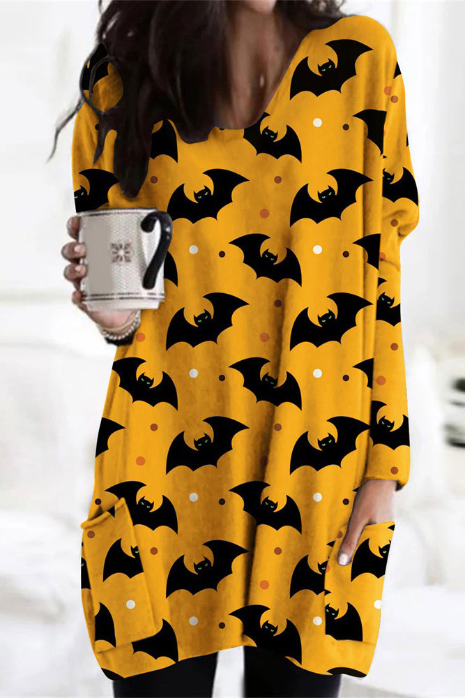 Halloween Bat Print Pocket Detail Long Sleeve Dress