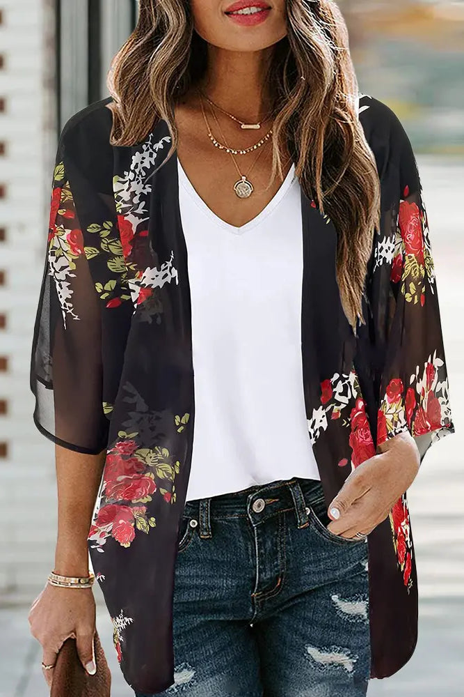 Floral Print Open Front Blouse