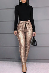 High Waist Tied Detail Sequins Skinny Pants