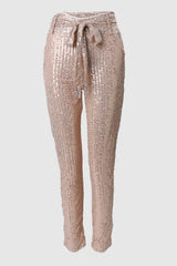 High Waist Tied Detail Sequins Skinny Pants