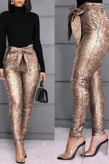 High Waist Tied Detail Sequins Skinny Pants