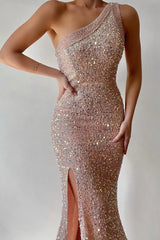 One Shoulder Slit Sequin Dress