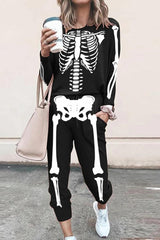 Halloween Skeleton Print Top & Pocket Design Pants Set