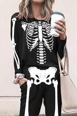 Halloween Skeleton Print Top & Pocket Design Pants Set