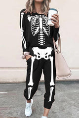 Halloween Skeleton Print Top & Pocket Design Pants Set