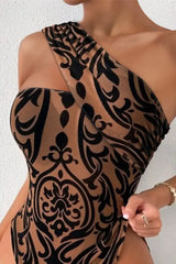 Tribal Pattern Flocked One Shoulder Bodysuit