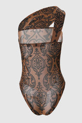 Tribal Pattern Flocked One Shoulder Bodysuit