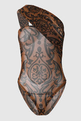 Tribal Pattern Flocked One Shoulder Bodysuit