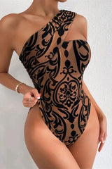 Tribal Pattern Flocked One Shoulder Bodysuit