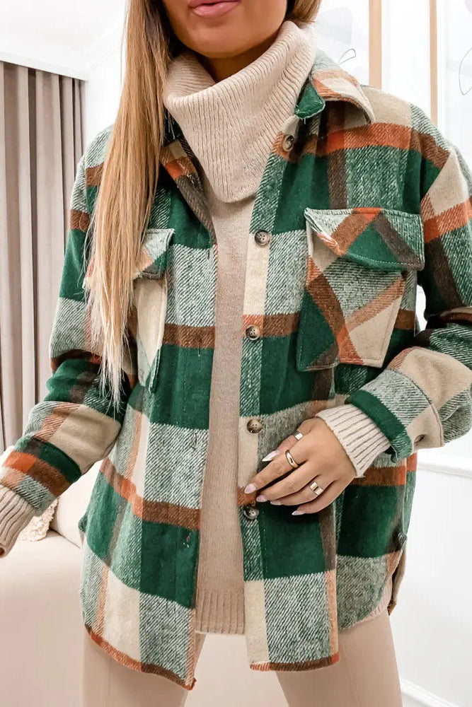 Plaid Print Long Sleeve Button Down Shacket