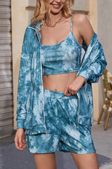 3PCS Tie Dye Print Crop Cami Top & Shorts Set With Coat