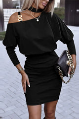 Metal Decor Cold Shoulder Long Sleeve Casual Dress