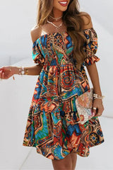 Tribal Print Off Shoulder Shirred Swing Dress