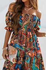 Tribal Print Off Shoulder Shirred Swing Dress