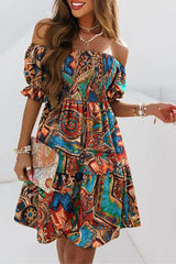 Tribal Print Off Shoulder Shirred Swing Dress