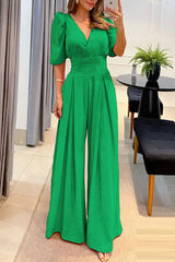 Puff Sleeve Wide Leg Flared Jumpsuit