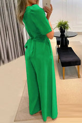 Puff Sleeve Wide Leg Flared Jumpsuit