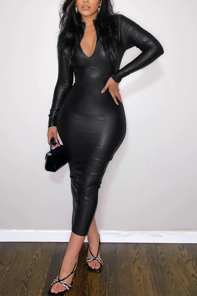 Long Sleeve Zip Front Bodycon Dress