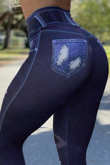 Denim Pattern Print High Waist Butt Lift Leggings