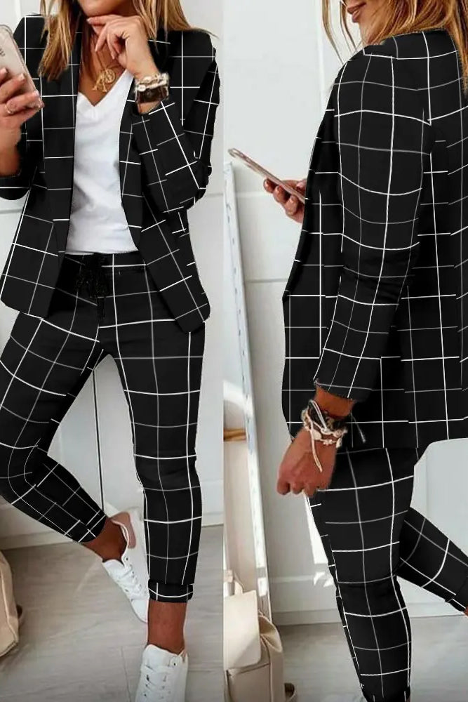 Plaid Print Blazer & Drawstring Pants Set