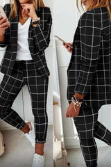 Plaid Print Blazer & Drawstring Pants Set